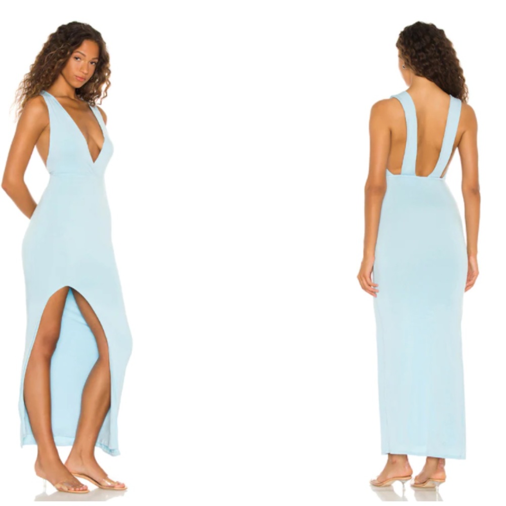 Revolve superdown Erika Deep V Jersey Maxi in Baby Blue size XS NWT